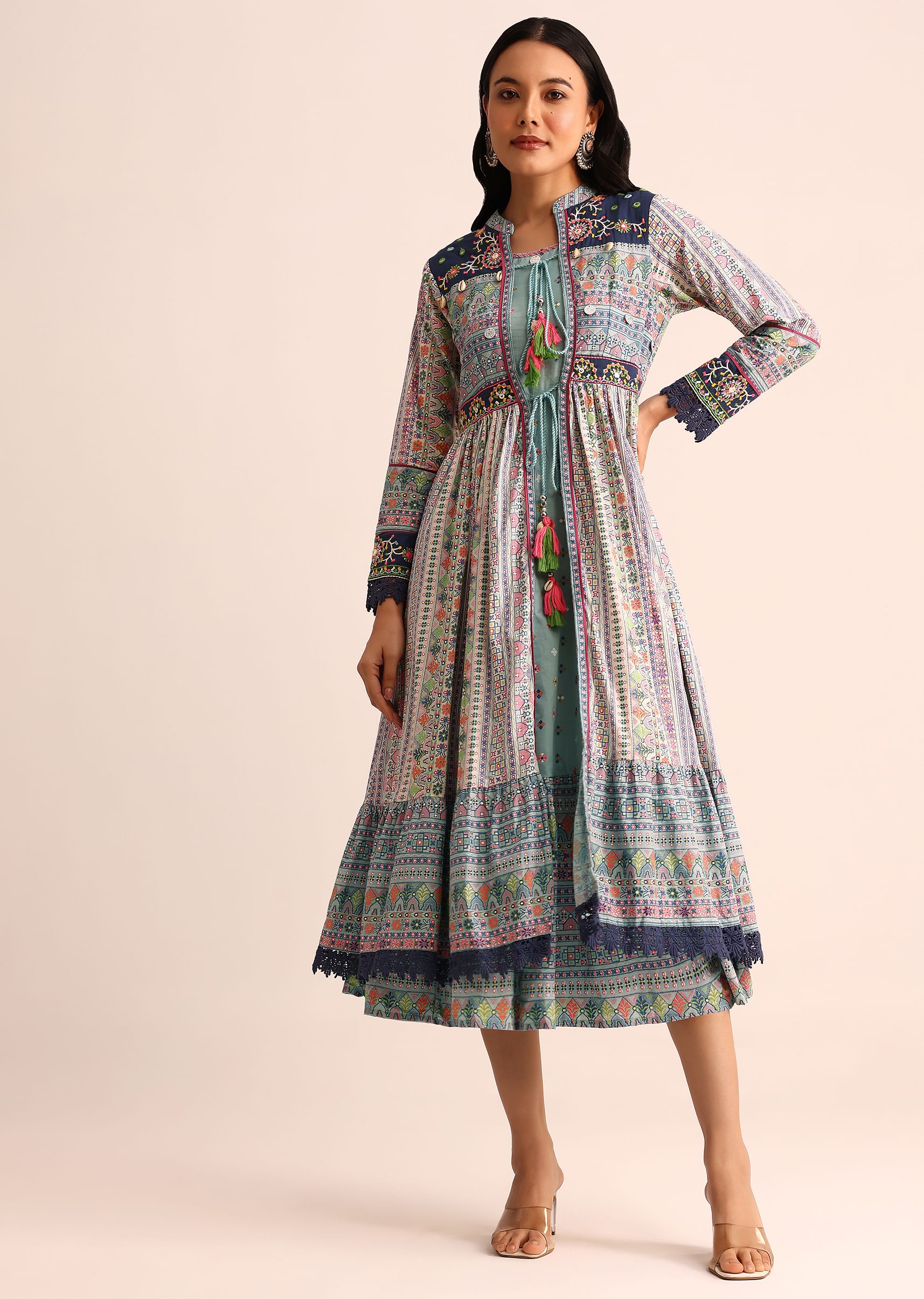 Buy Sky Blue And Blue Embroidered Cotton Kurti And Jacket KALKI Fashion Global