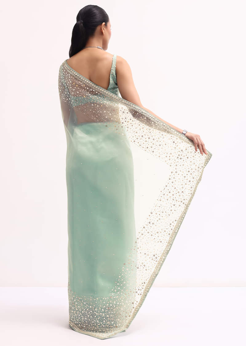 Sky Blue Embroidered Tissue Saree With Unstitched Blouse