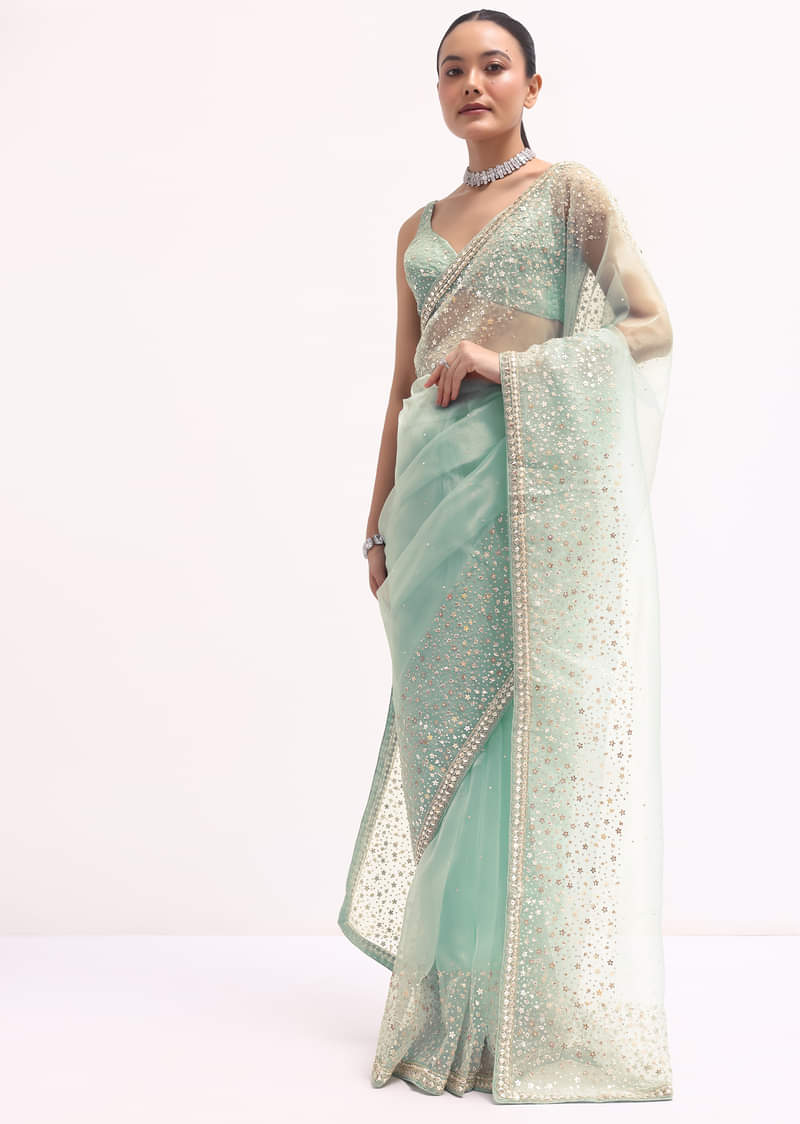 Sky Blue Embroidered Tissue Saree With Unstitched Blouse