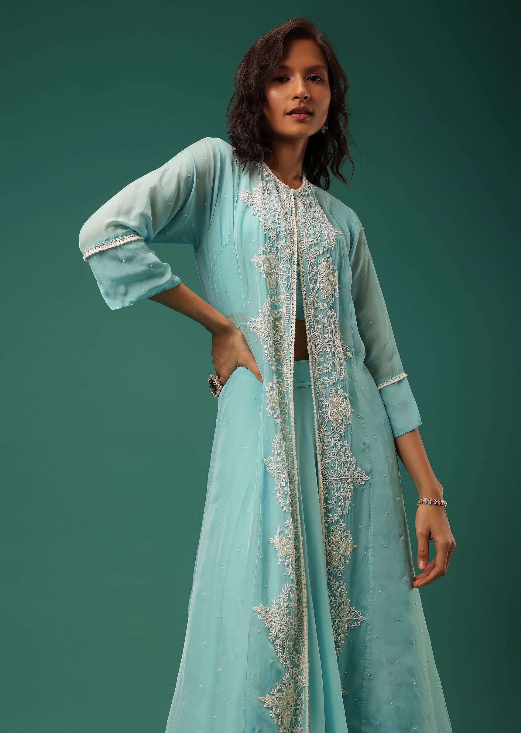 Buy Sky Blue Indowestern Lehenga Set In Georgette With Embroidered Jacket