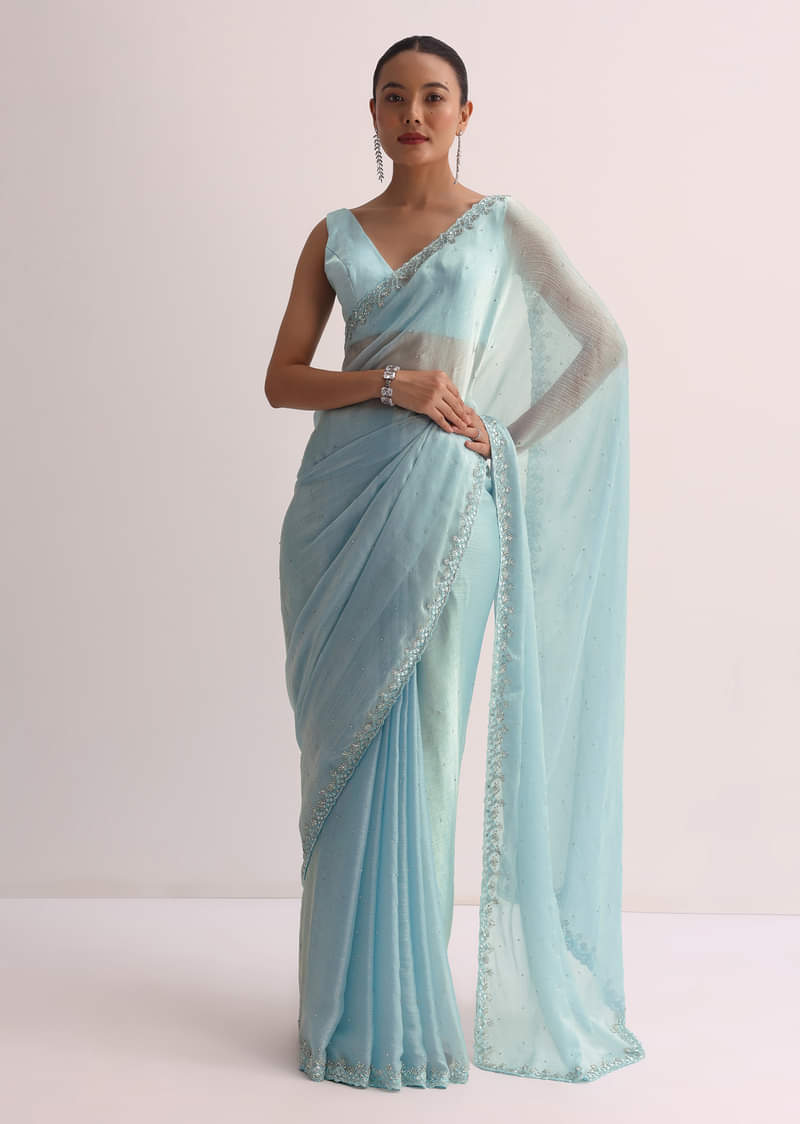 Sky Blue Saree With Cutdana Border And Unstitched Blouse