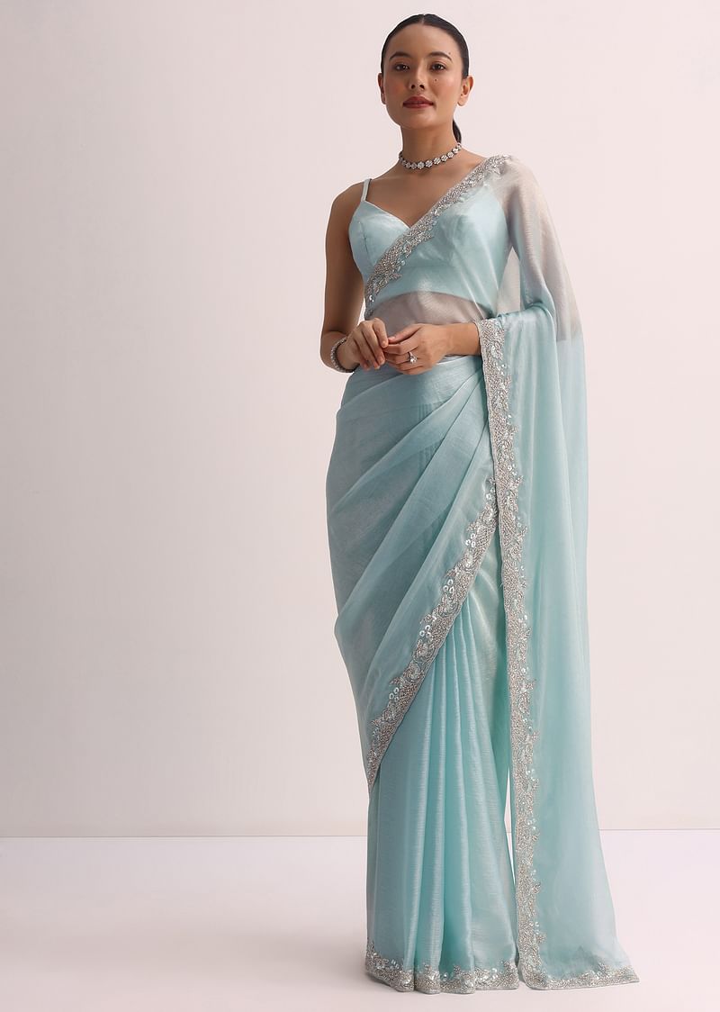 Sky Blue Saree WIth Embroidered Border And Unstitched Blouse