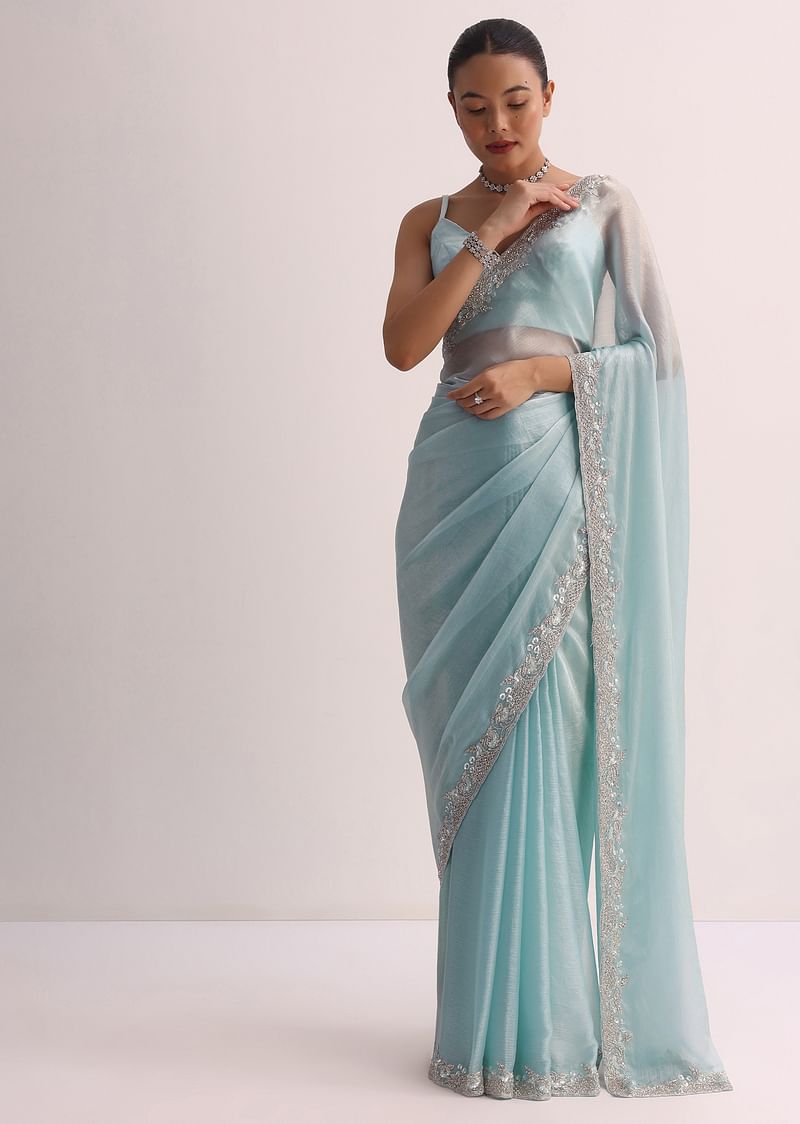 Sky Blue Saree WIth Embroidered Border And Unstitched Blouse
