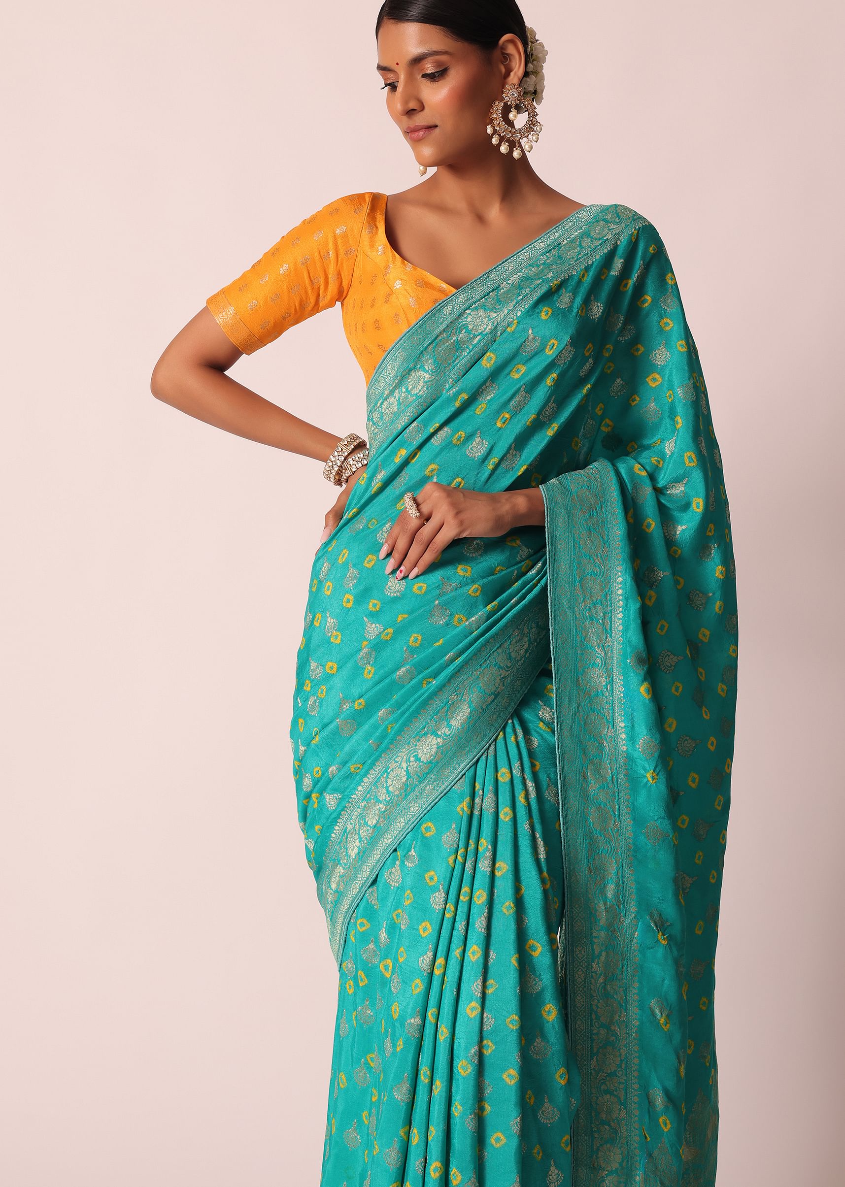 Buy Sky Blue Silk Bandhani Saree With Unstitched Blouse Piece KALKI Fashion India