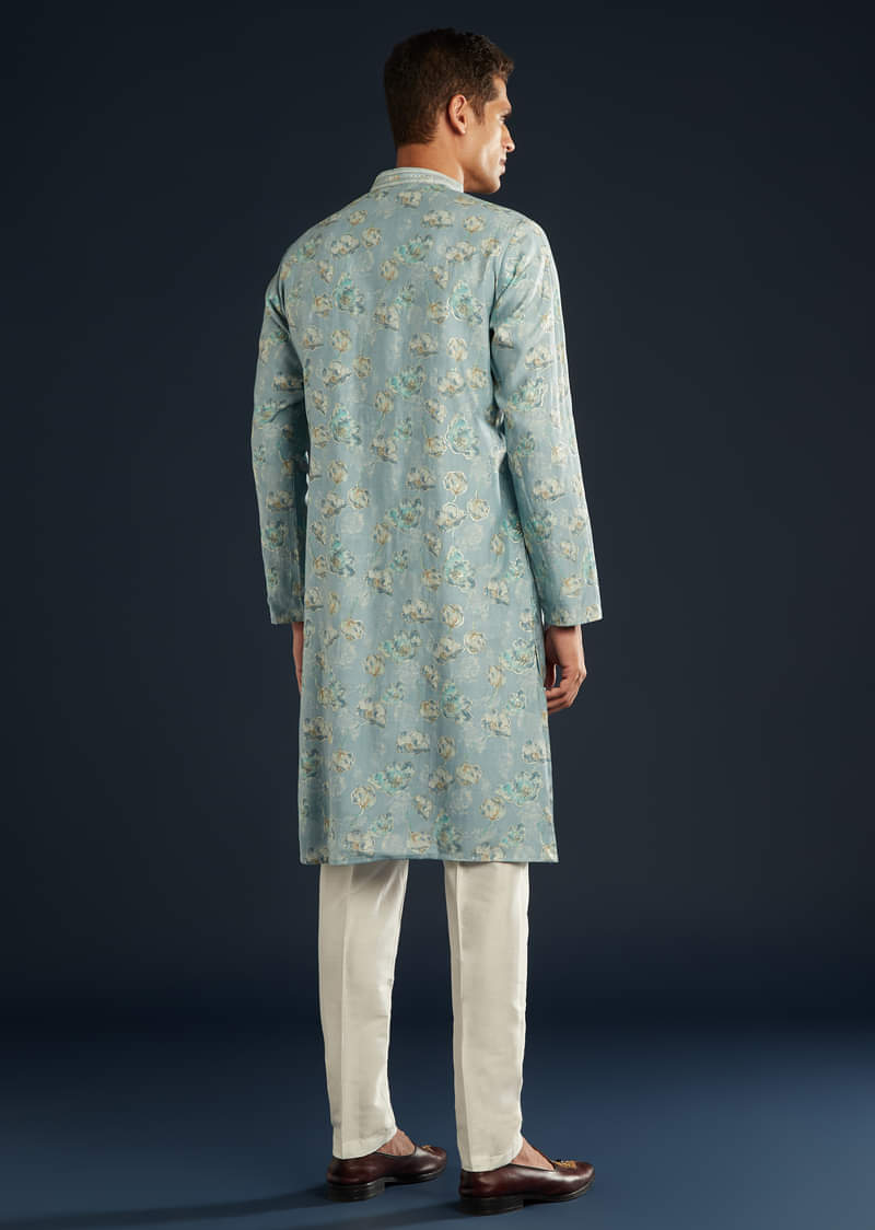 Sky Blue Silk Kurta Set with Floral Motifs