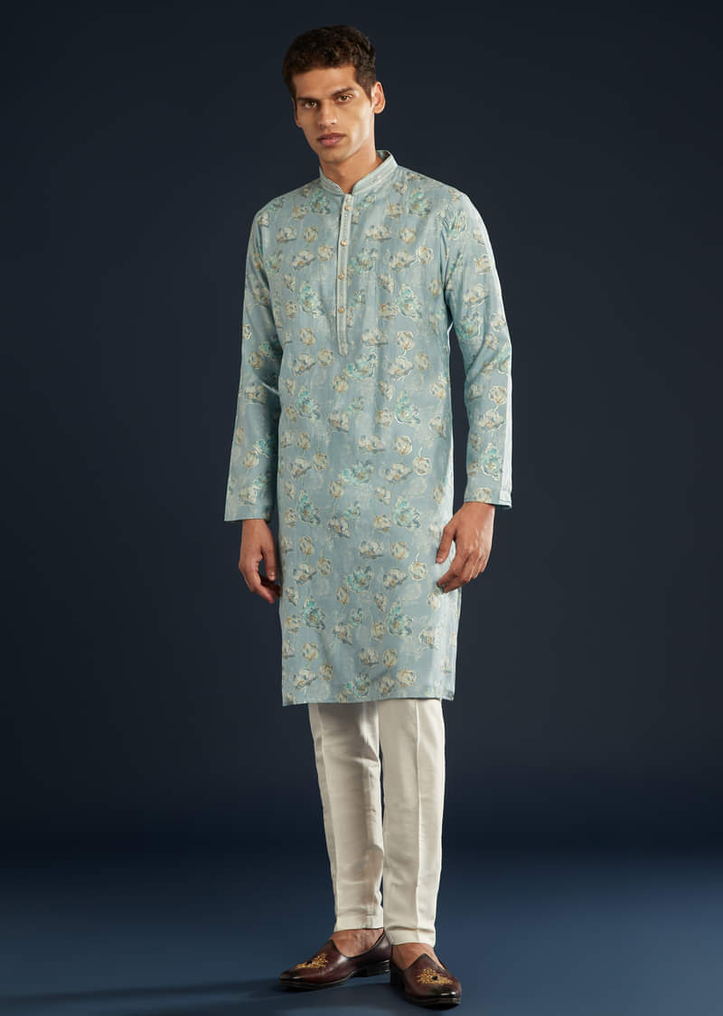 Sky Blue Silk Kurta Set with Floral Motifs