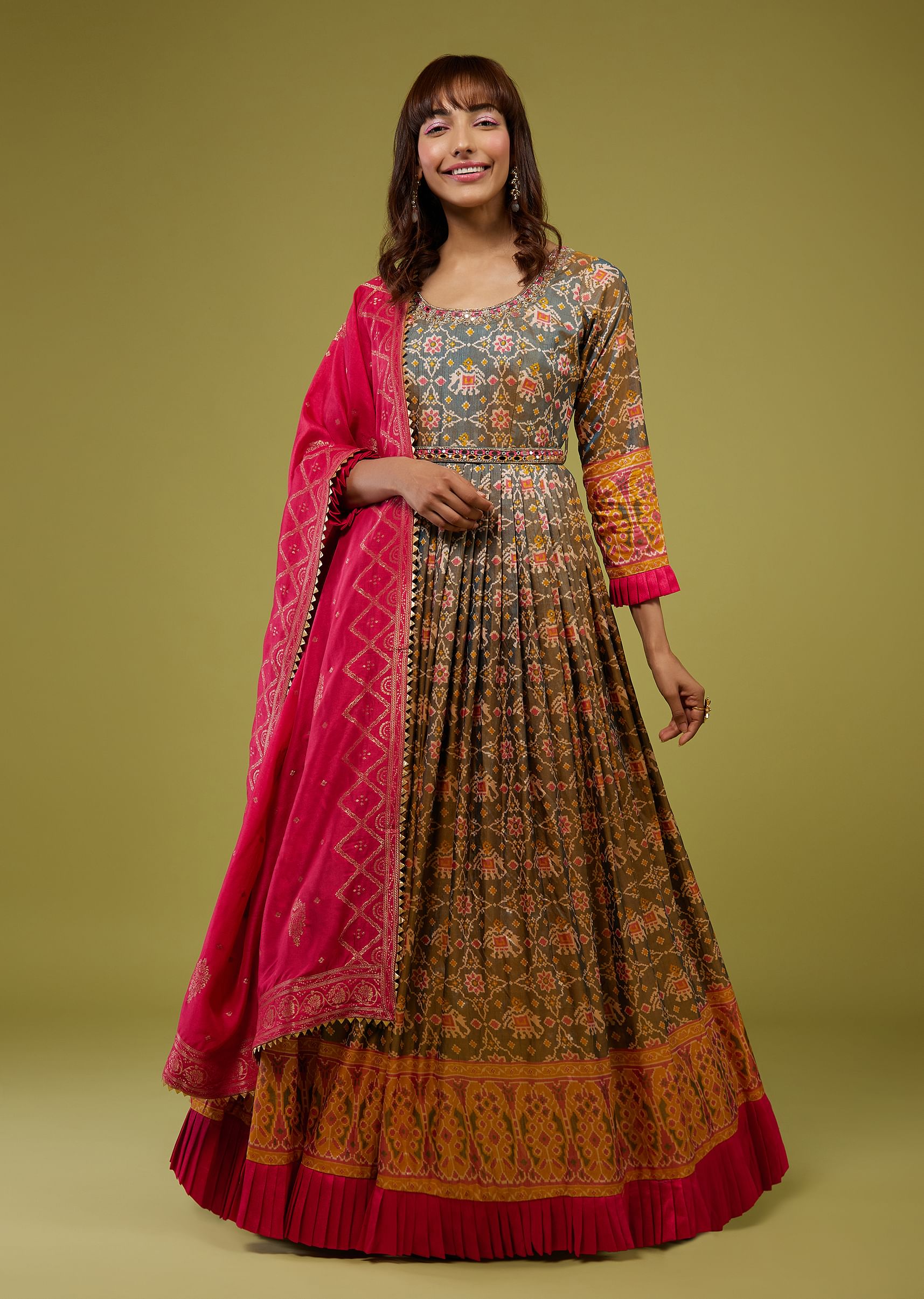 Buy Forest Green With Ocher Yellow Patola Print Anarkali Set In Cotton Silk KALKI Fashion Global