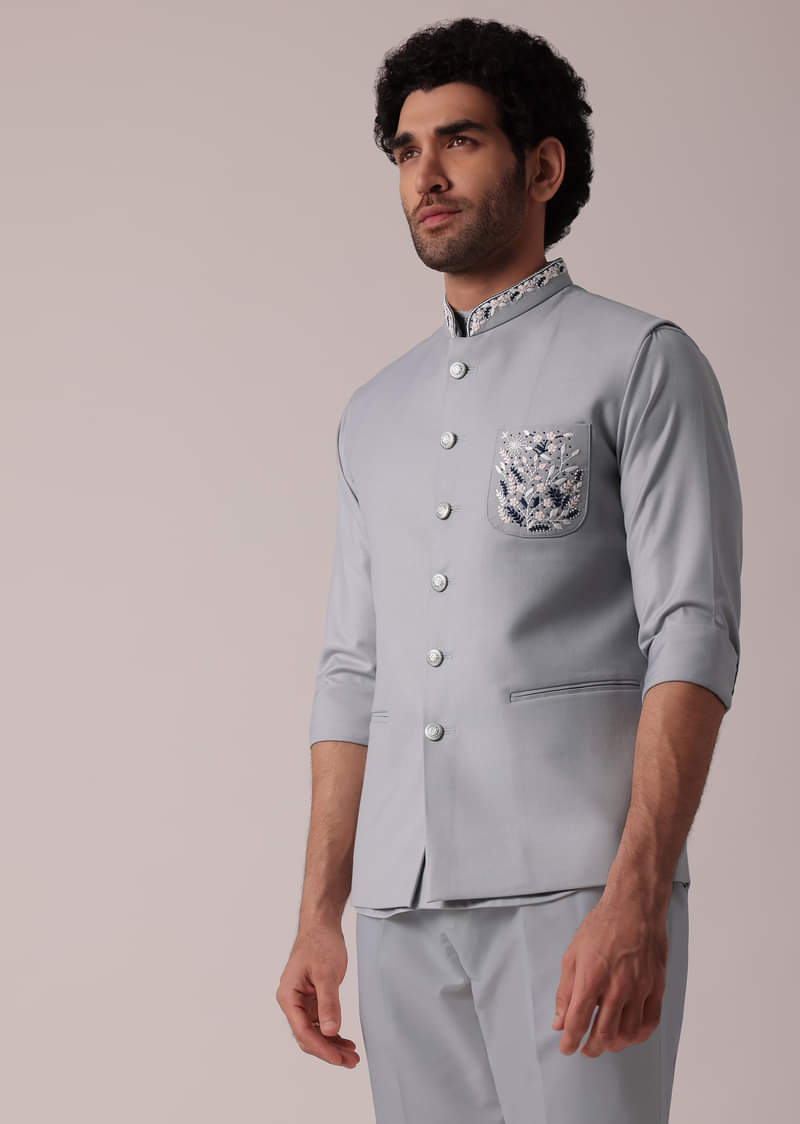 Stylish Grey Short Kurta With Embroidered Matching Bandi