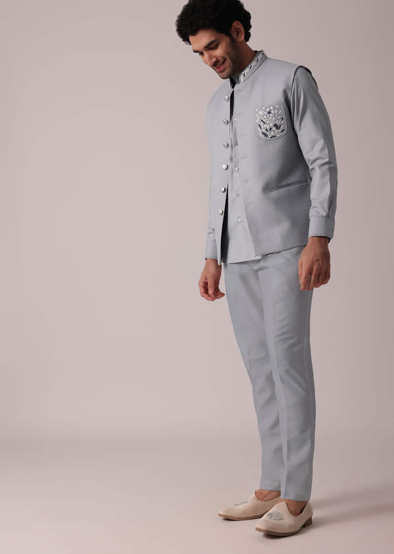 Stylish Grey Short Kurta With Embroidered Matching Bandi