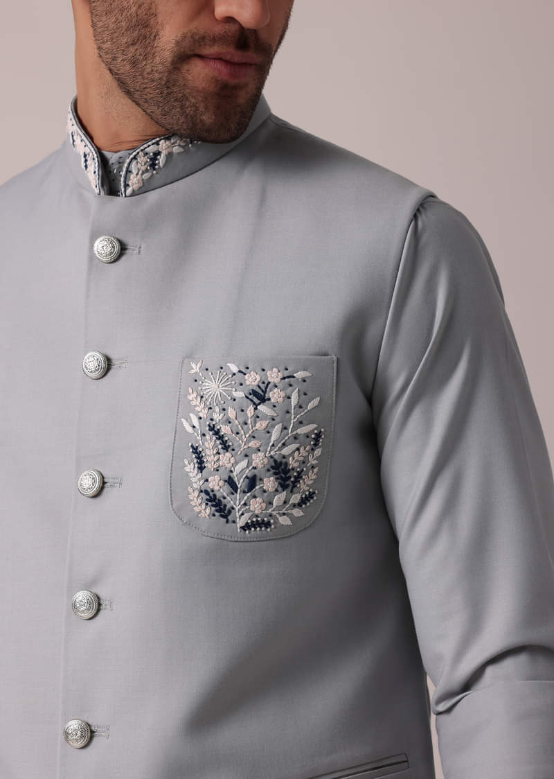 Stylish Grey Short Kurta With Embroidered Matching Bandi