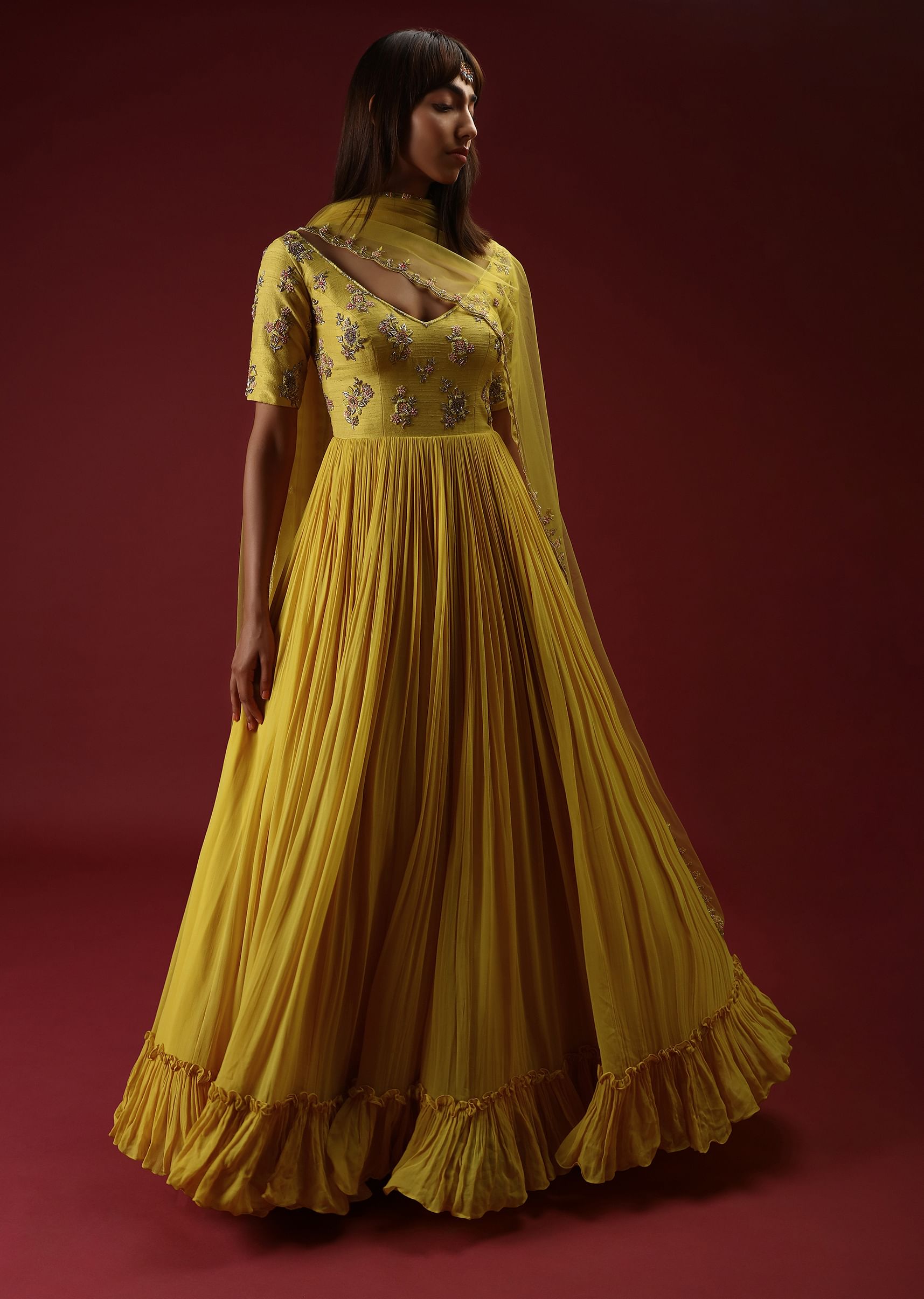 Buy Sun Yellow Anarkali With A Deep V Neckline And Multi Colored Sequins And Beads Embroidered Buttis KALKI Fashion Global