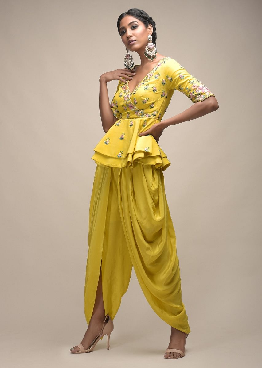 Buy Sun Yellow Dhoti Suit With Layered Peplum Top Having Colorful Resham Flowers And Overlapping Neckline Online Kalki Fashion