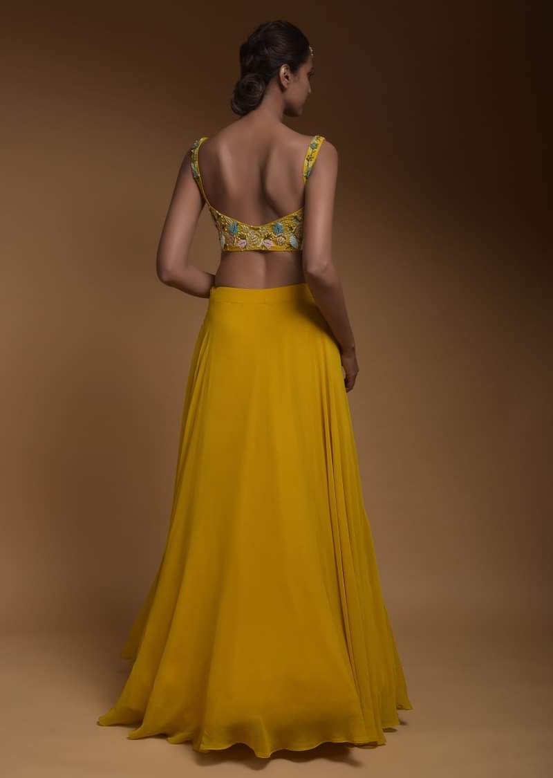 Sun Yellow Skirt, Crop Top And Jacket With 3D Flowers And Embossed Embroidery 