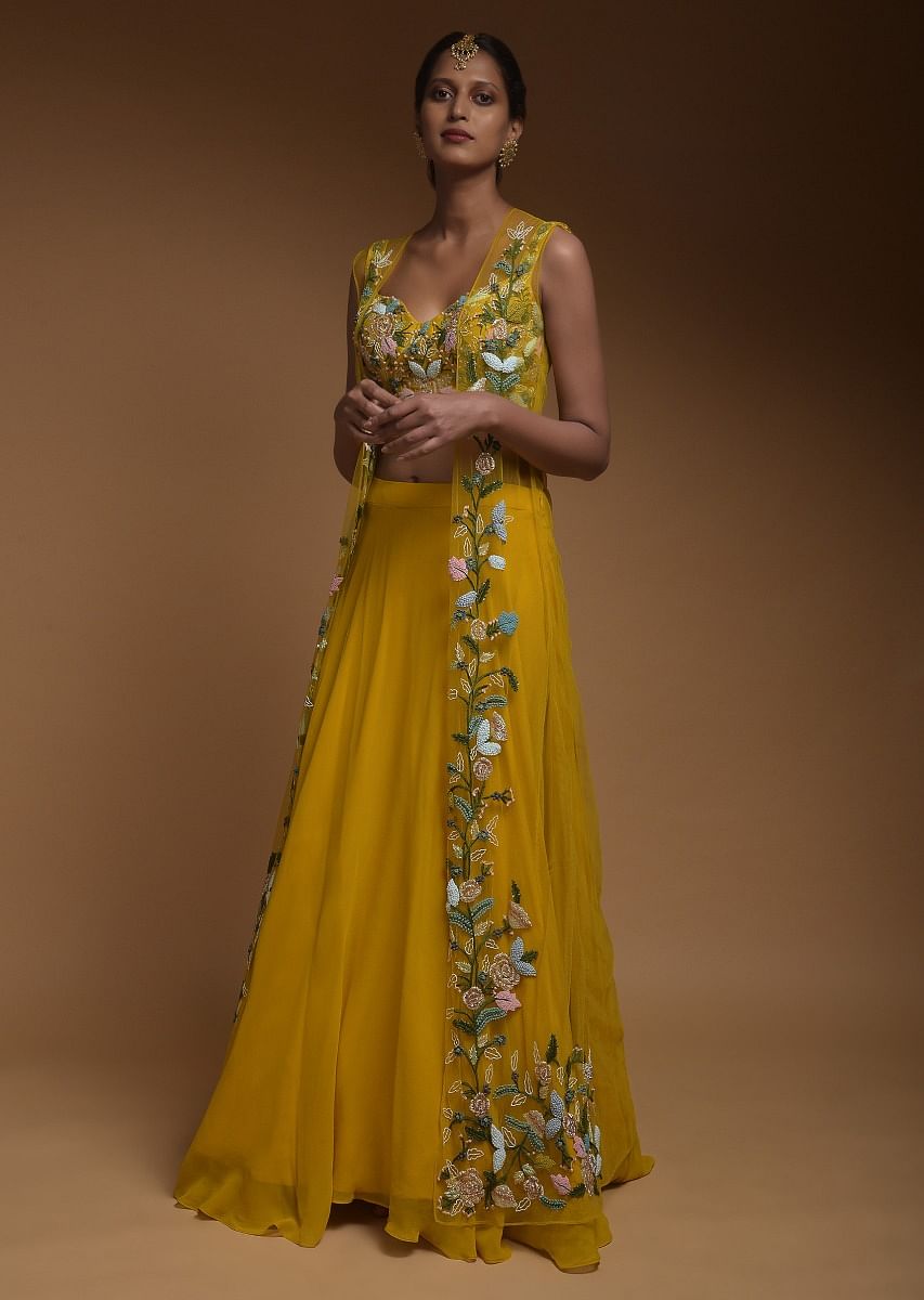 Buy Sun Yellow Skirt Crop Top And Jacket With 3D Flowers And Embossed Embroidery Online Kalki Fashion