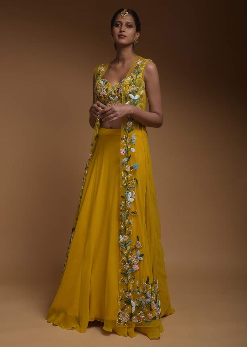 Sun Yellow Skirt, Crop Top And Jacket With 3D Flowers And Embossed Embroidery 