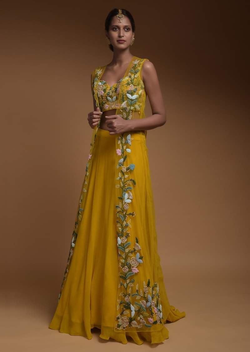 Sun Yellow Skirt, Crop Top And Jacket With 3D Flowers And Embossed Embroidery 