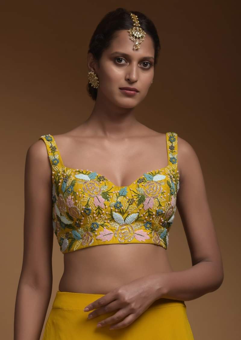 Sun Yellow Skirt, Crop Top And Jacket With 3D Flowers And Embossed Embroidery 