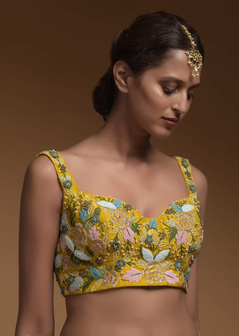 Sun Yellow Skirt, Crop Top And Jacket With 3D Flowers And Embossed Embroidery 