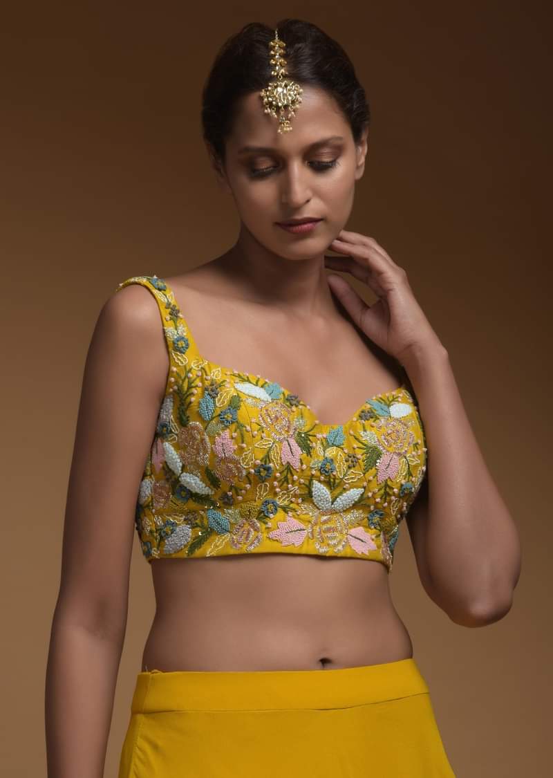 Sun Yellow Skirt, Crop Top And Jacket With 3D Flowers And Embossed Embroidery 