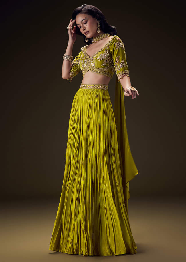 Mehendi Green Velvet Lehenga With Embellished Cross Body Blouse