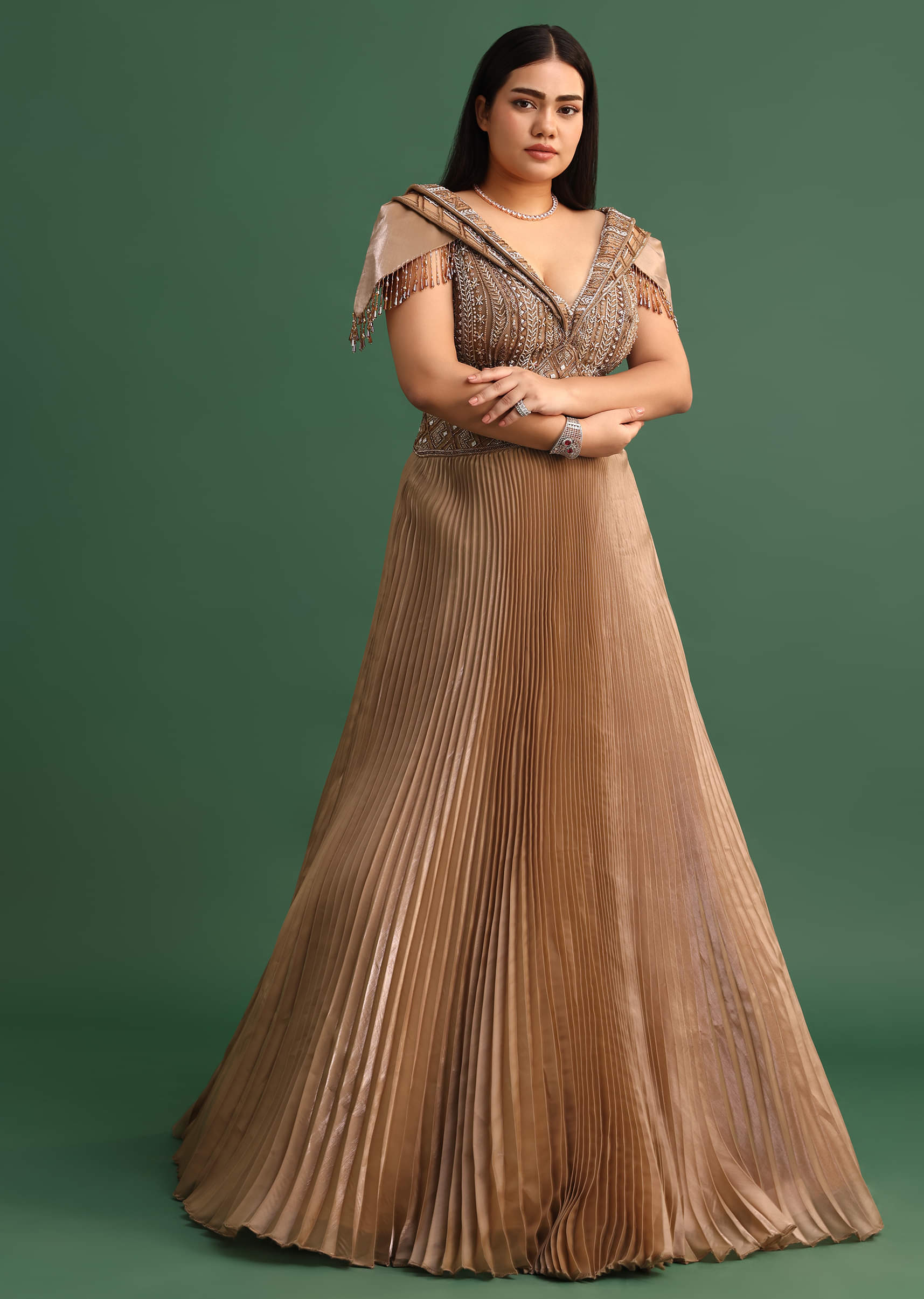 Buy Tan Brown Pleated Circular Embroidered Gown | KALKI