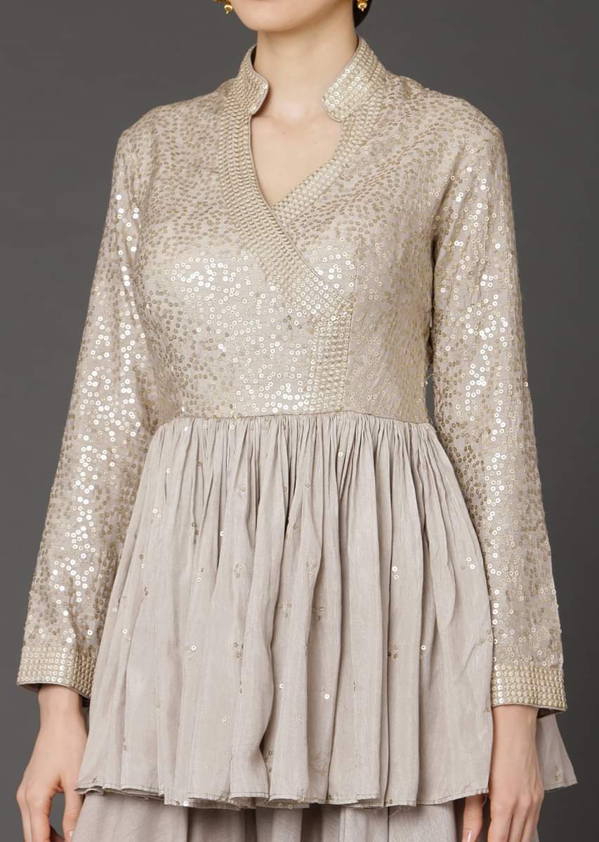 Buy Taupe Peplum Top And Flared Palazzo Pants With Sequins Buy Taupe Peplum Top And Flared Palazzo Pants With Sequins