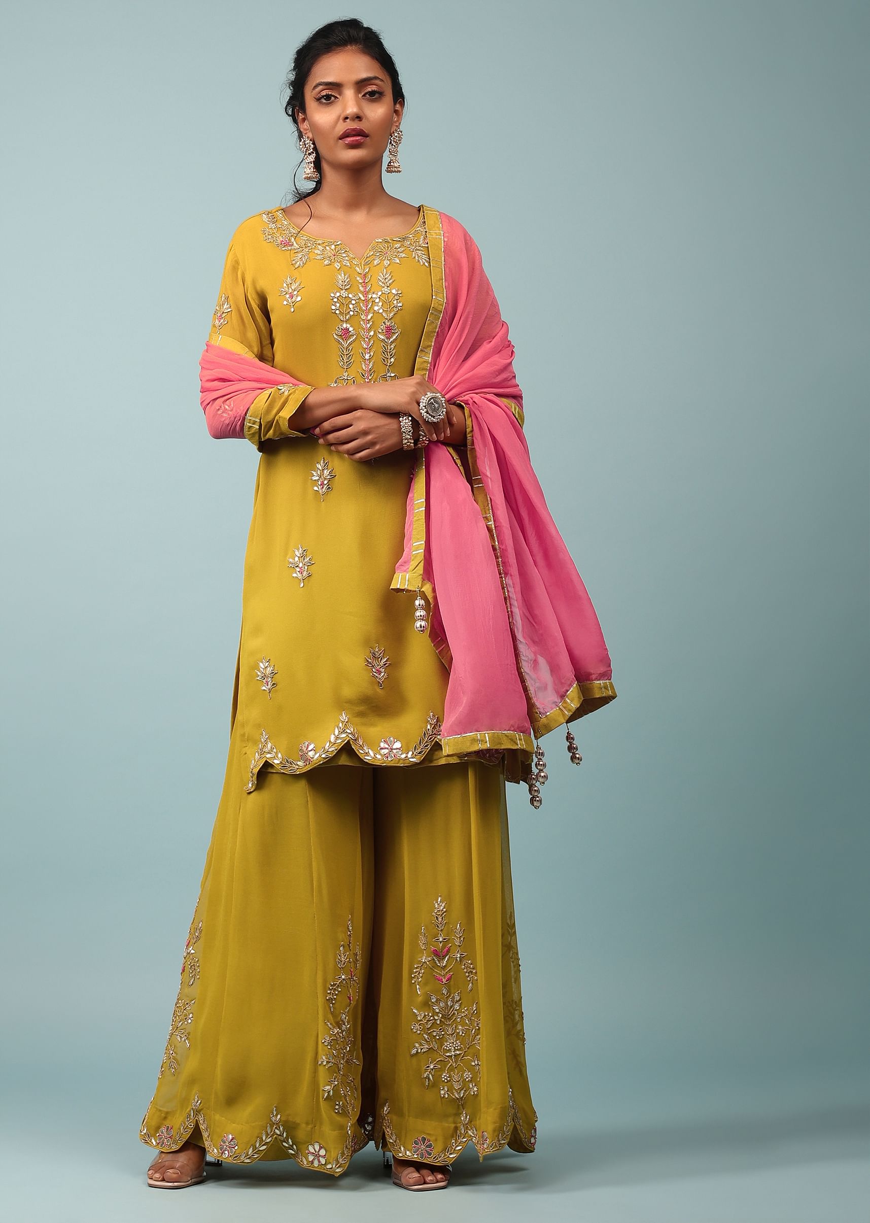 Buy Tawny Olive Yellow Palazzo Suit Set In Georgette