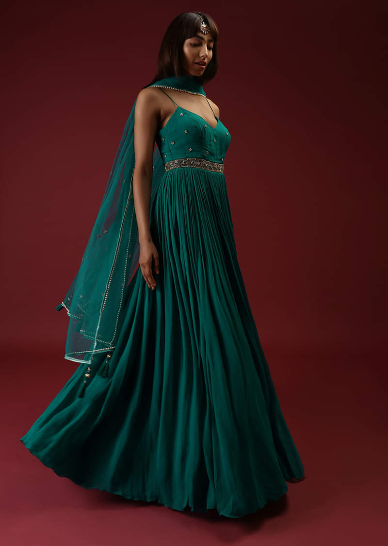 Teal Anarkali Suit In Georgette With Multi Colored Sequins Embroidered Floral Buttis And Cut Dana Embellished Waistline  
