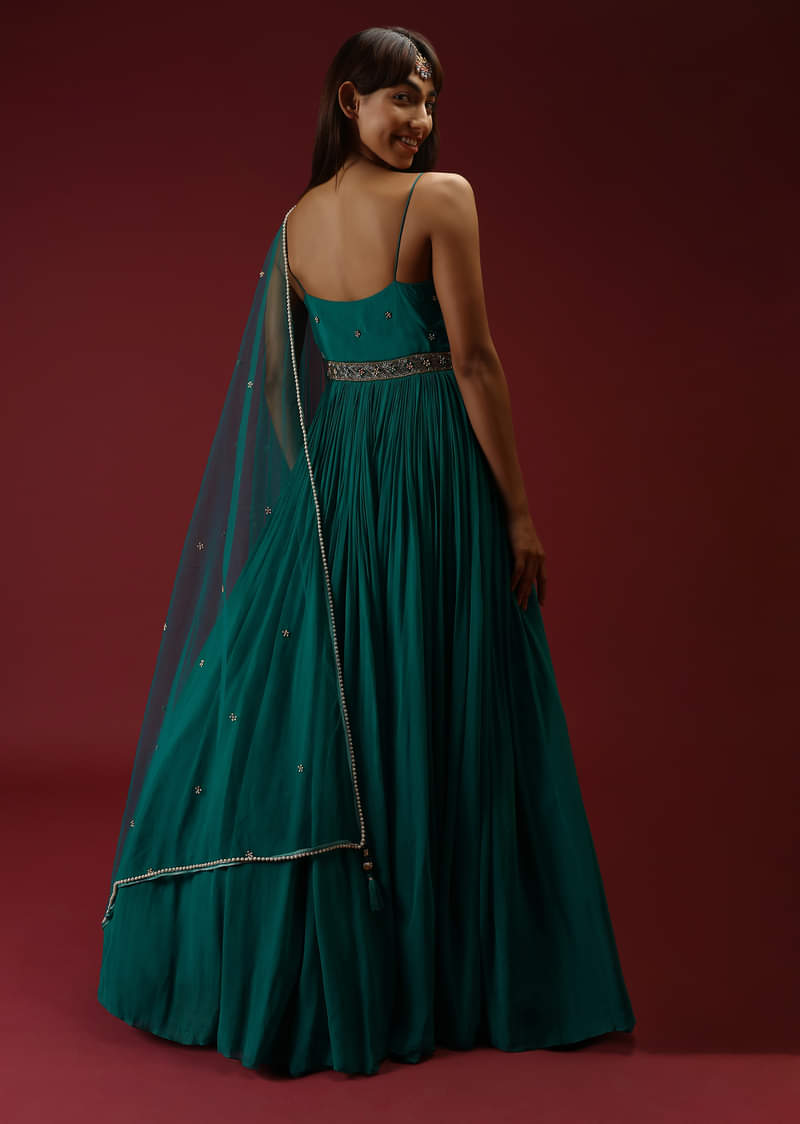 Teal Anarkali Suit In Georgette With Multi Colored Sequins Embroidered Floral Buttis And Cut Dana Embellished Waistline  