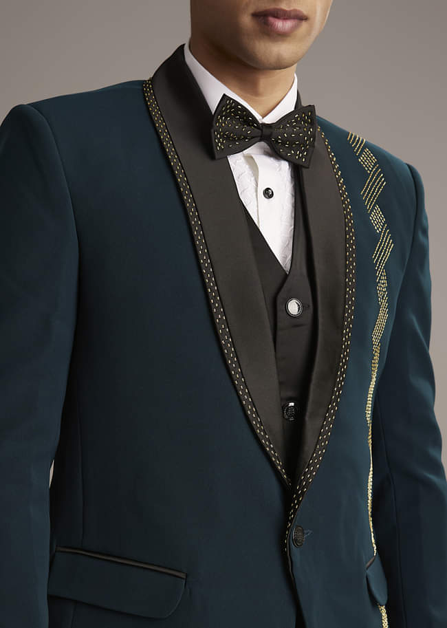 Teal Blue Tuxedo For Men With Cutdana Embroidery