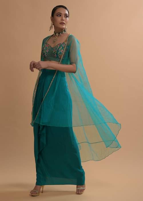 Buy Teal Drape Skirt and Crop Top with Matching Cape and Colorful
