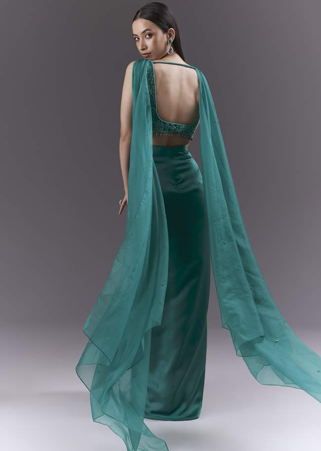 Teal Satin Crop Top And Drape Skirt Set With Heavy Embroidery