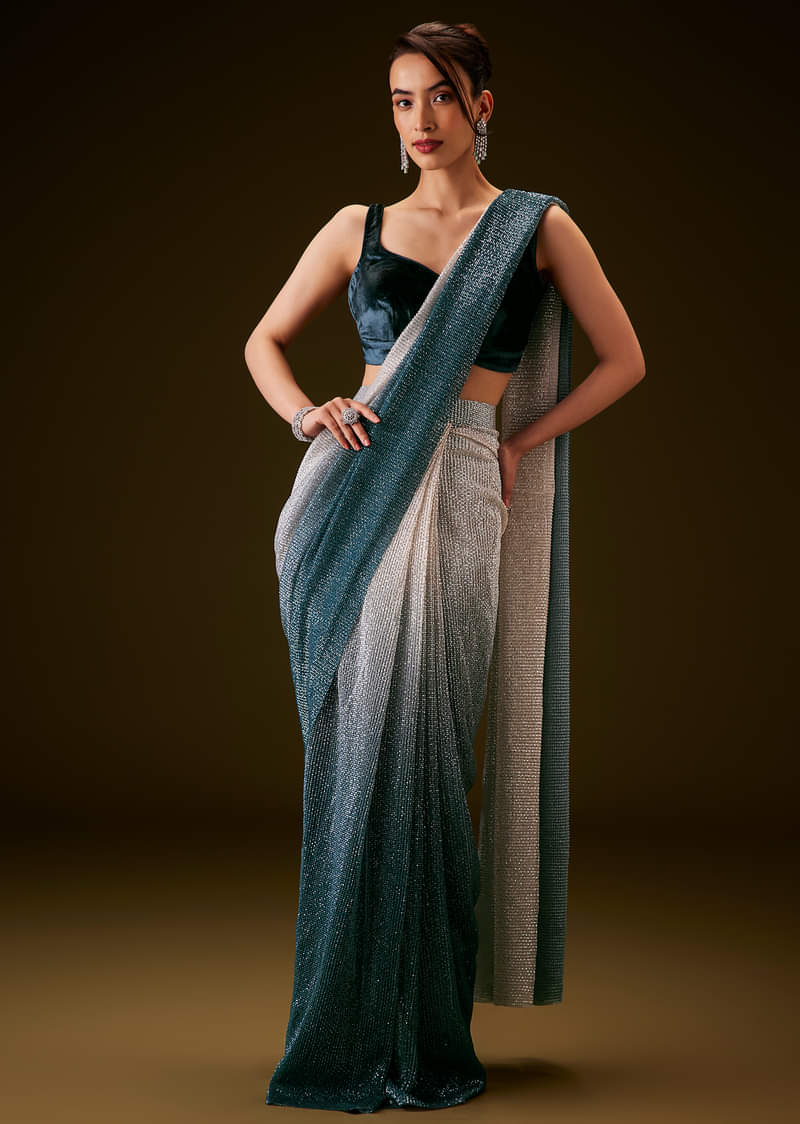 Teal and Cream Ombre Sequins Ready Pleated Saree with Velvet Blouse
