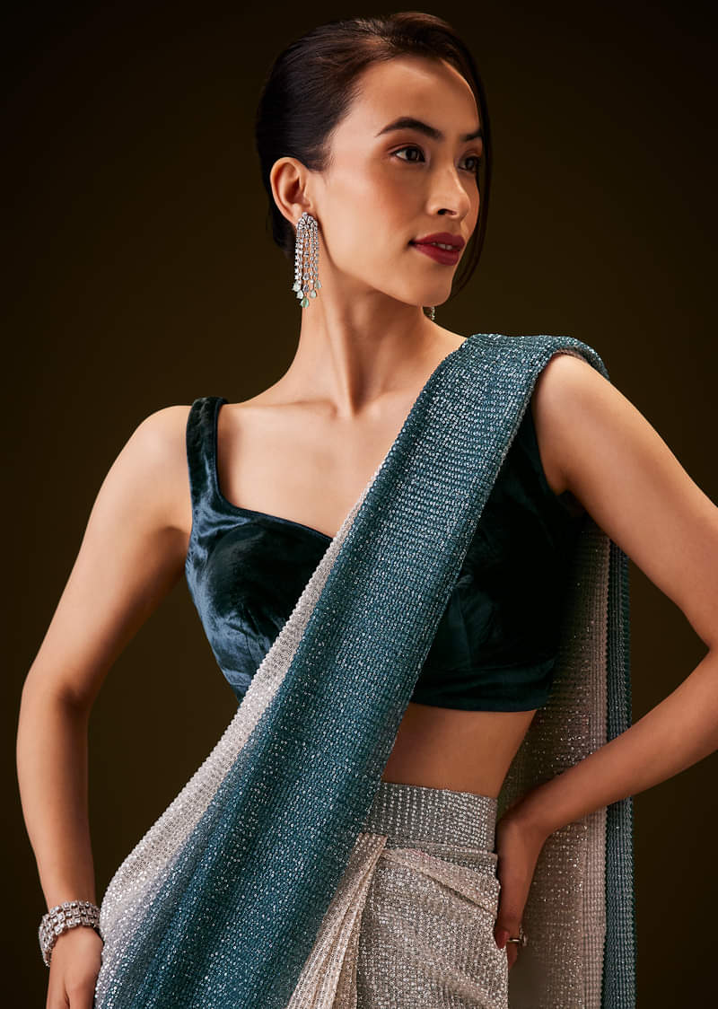 Teal and Cream Ombre Sequins Ready Pleated Saree with Velvet Blouse