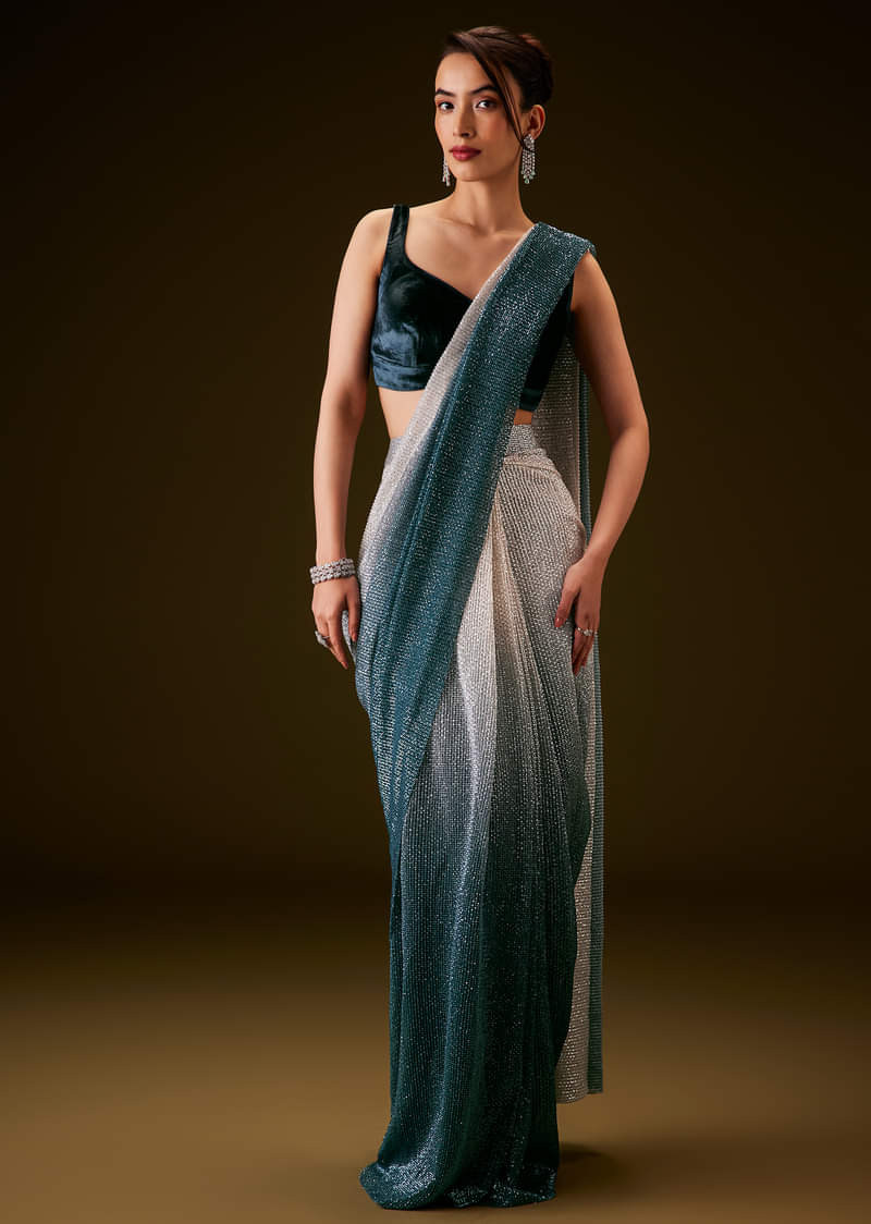 Teal and Cream Ombre Sequins Ready Pleated Saree with Velvet Blouse
