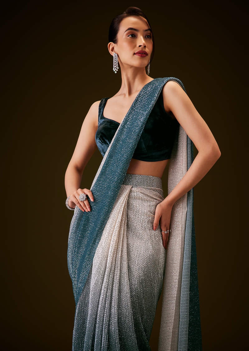 Teal and Cream Ombre Sequins Ready Pleated Saree with Velvet Blouse