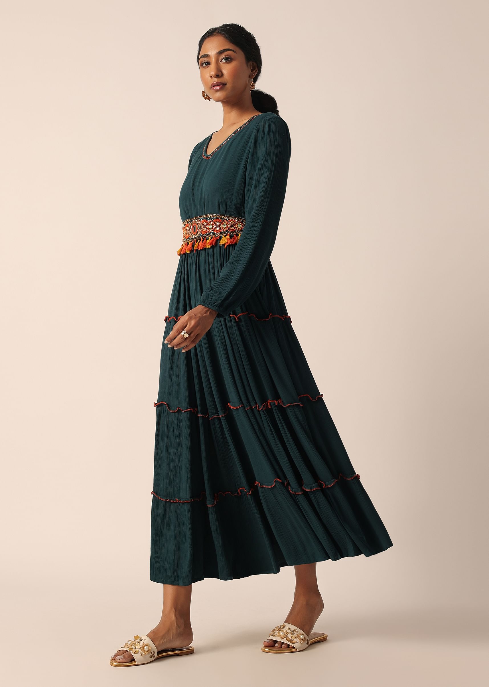 Buy Teal Bead Embroidered Long Kurti With Embellished Belt KALKI Fashion Global