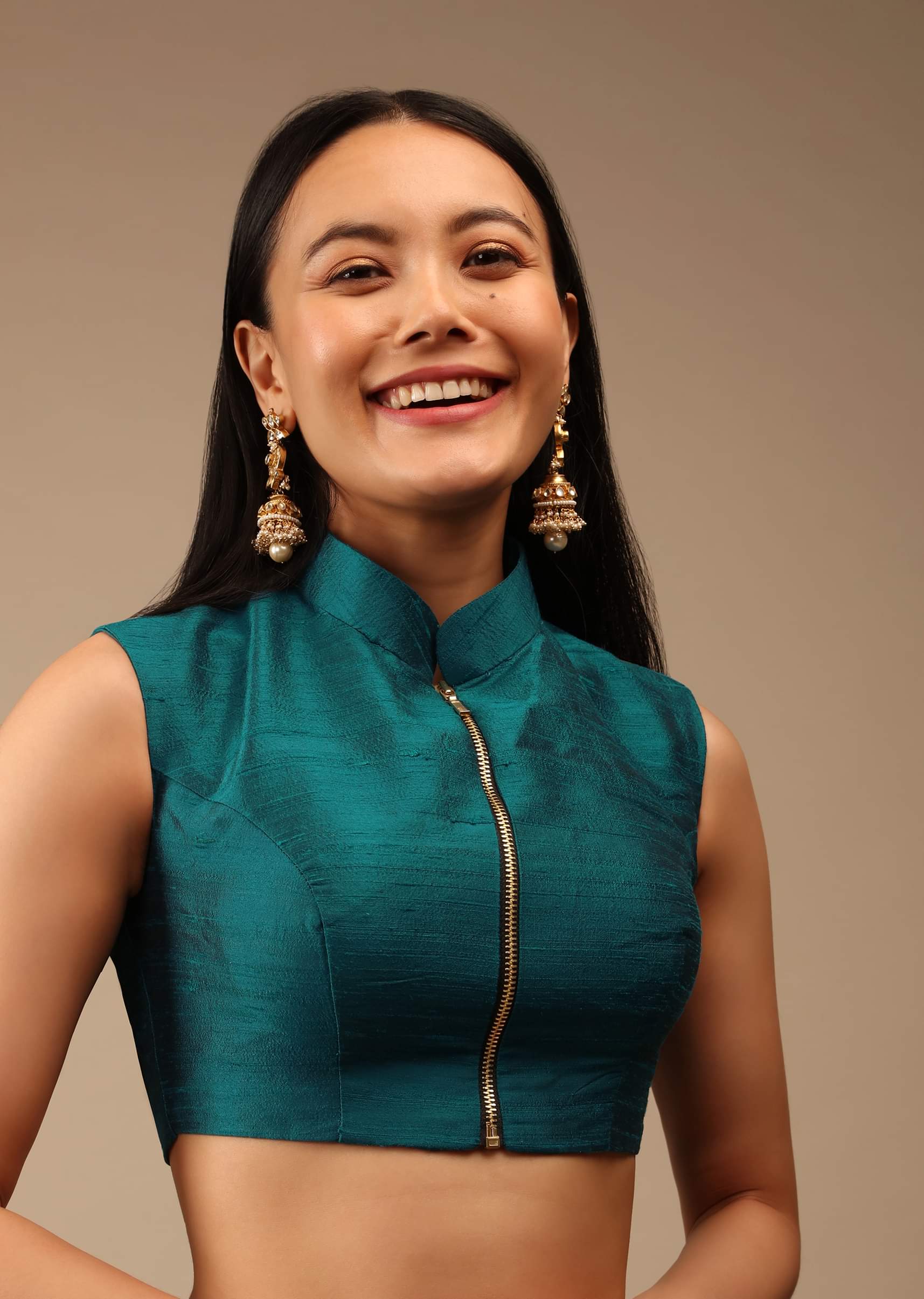 Buy Teal Blue Blouse In Raw Silk With Mandarin Collar Neckline And Front Zip Closure