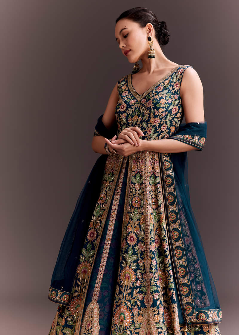 Teal Blue Floral Embroidered Anarkali With Net Dupatta