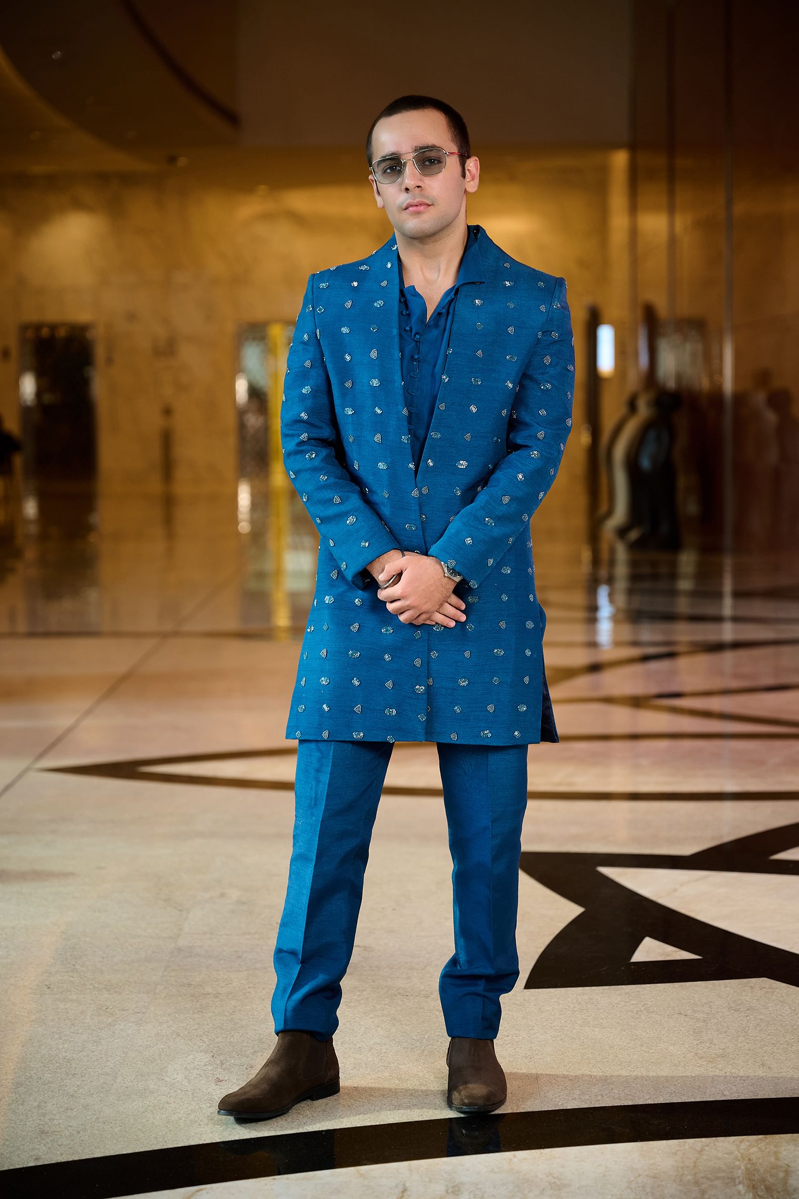 Buy Teal Blue Silk Embroidered Kurta Jacket Set For Men KALKI Fashion India