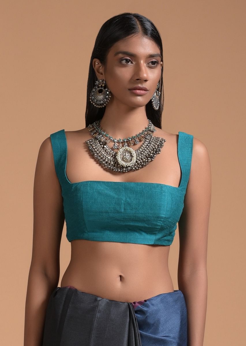 Buy Teal Blue Sleeveless Blouse In Raw Silk With Fancy Curvy Square Neckline Online Kalki Fashion