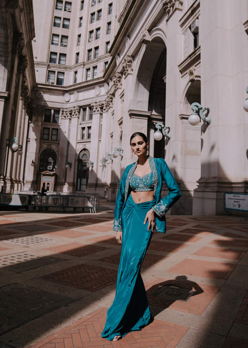Buy Teal Drape Skirt With Hand Embroidered Blouse And Jacket KALKI