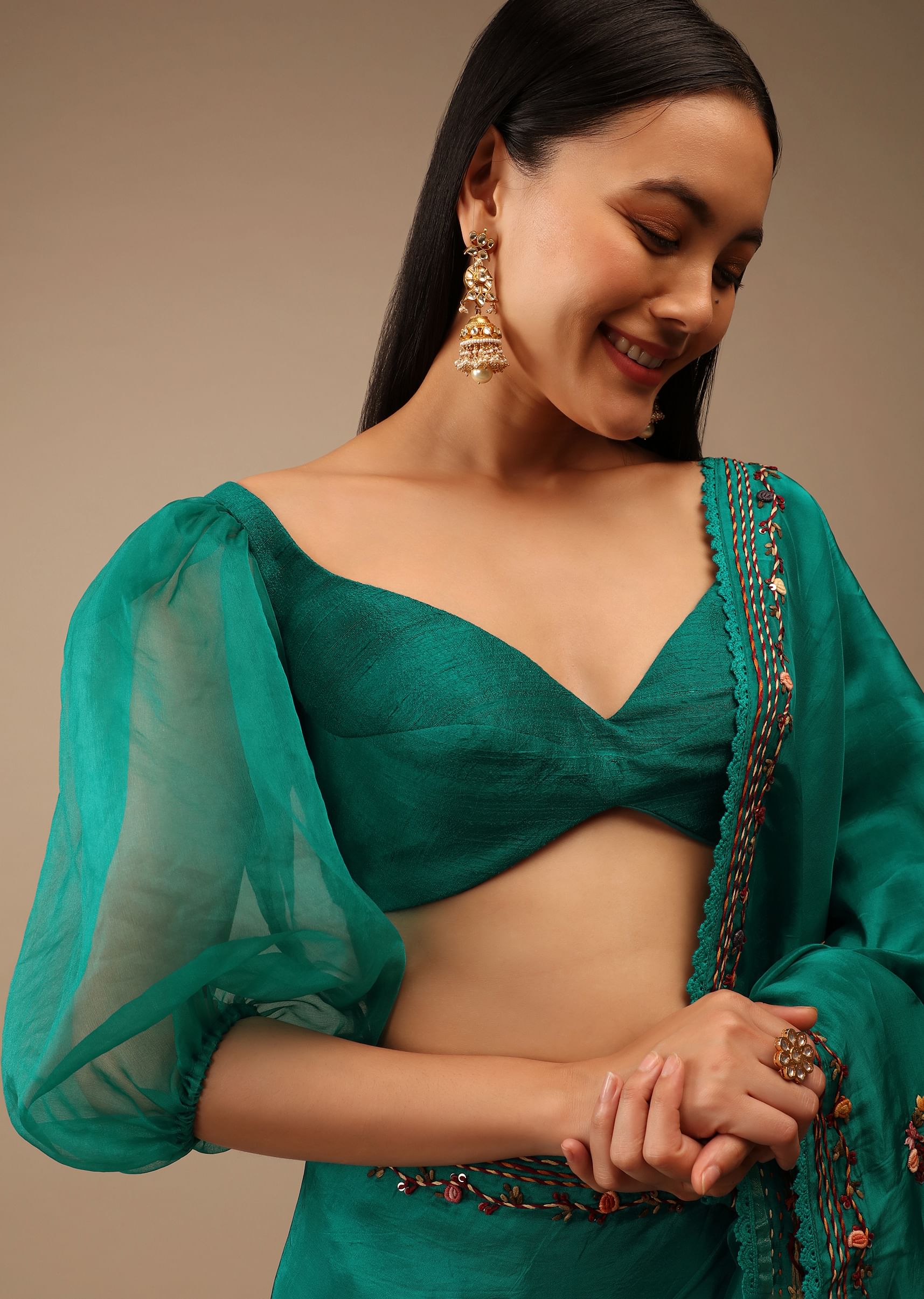Buy Teal Green Blouse In Raw Silk With Three Quarter Sleeves And Sweetheart Neckline KALKI Fashion India