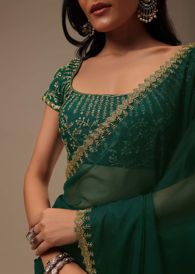 Teal Green Plain Organza Saree With Heavy Cut Dana Work