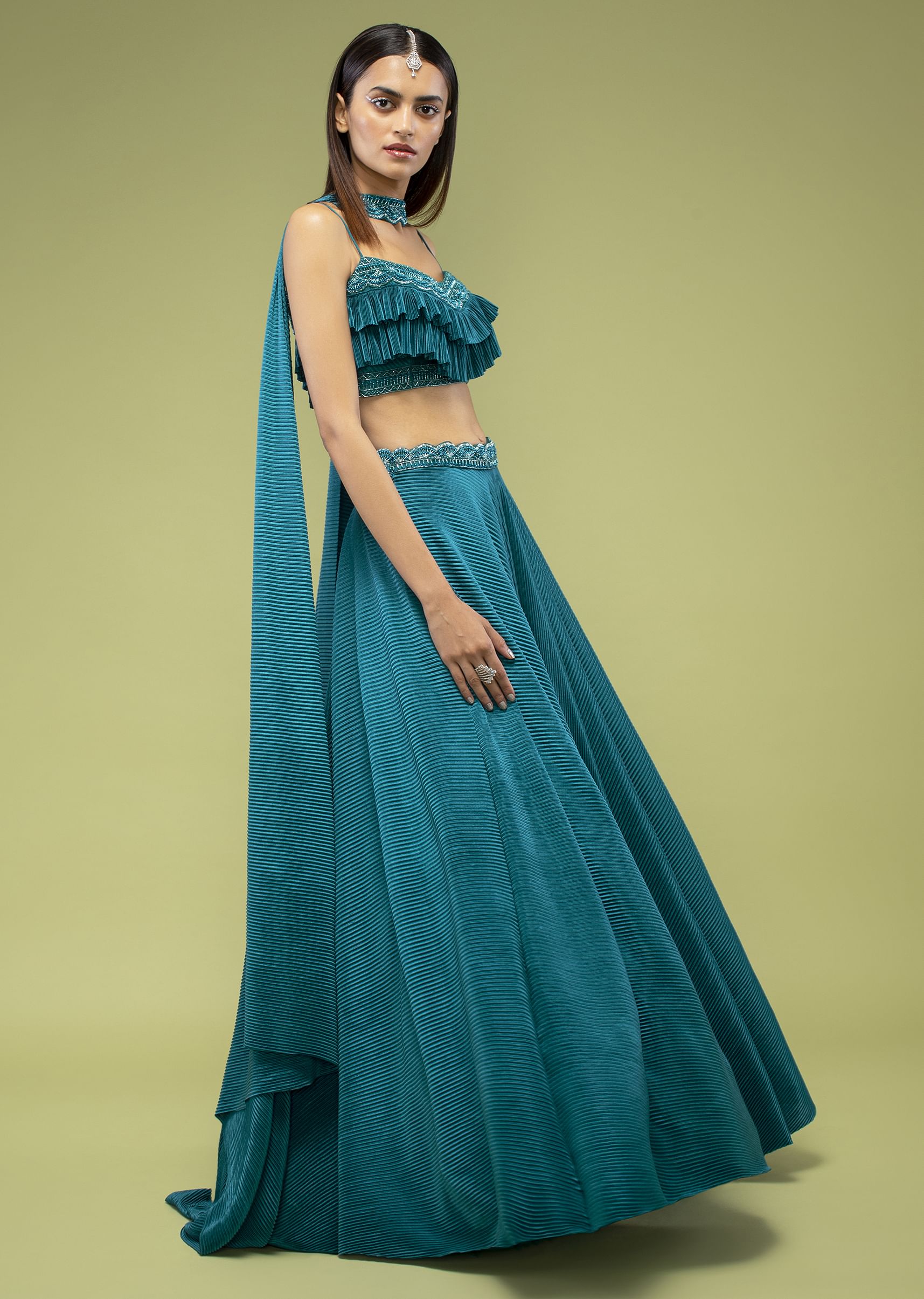 Buy Teal Lehenga And Crop Top In Crush Fabric With Fancy Layered Frill Detailing KALKI Fashion India