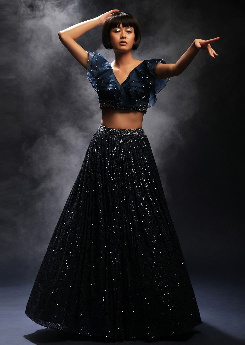 Buy Teal Lehenga In Sequins Fabric Paired With A Ruffled Crop Top Adorned In Cut Dana And Moti Work Online Kalki Fashion
