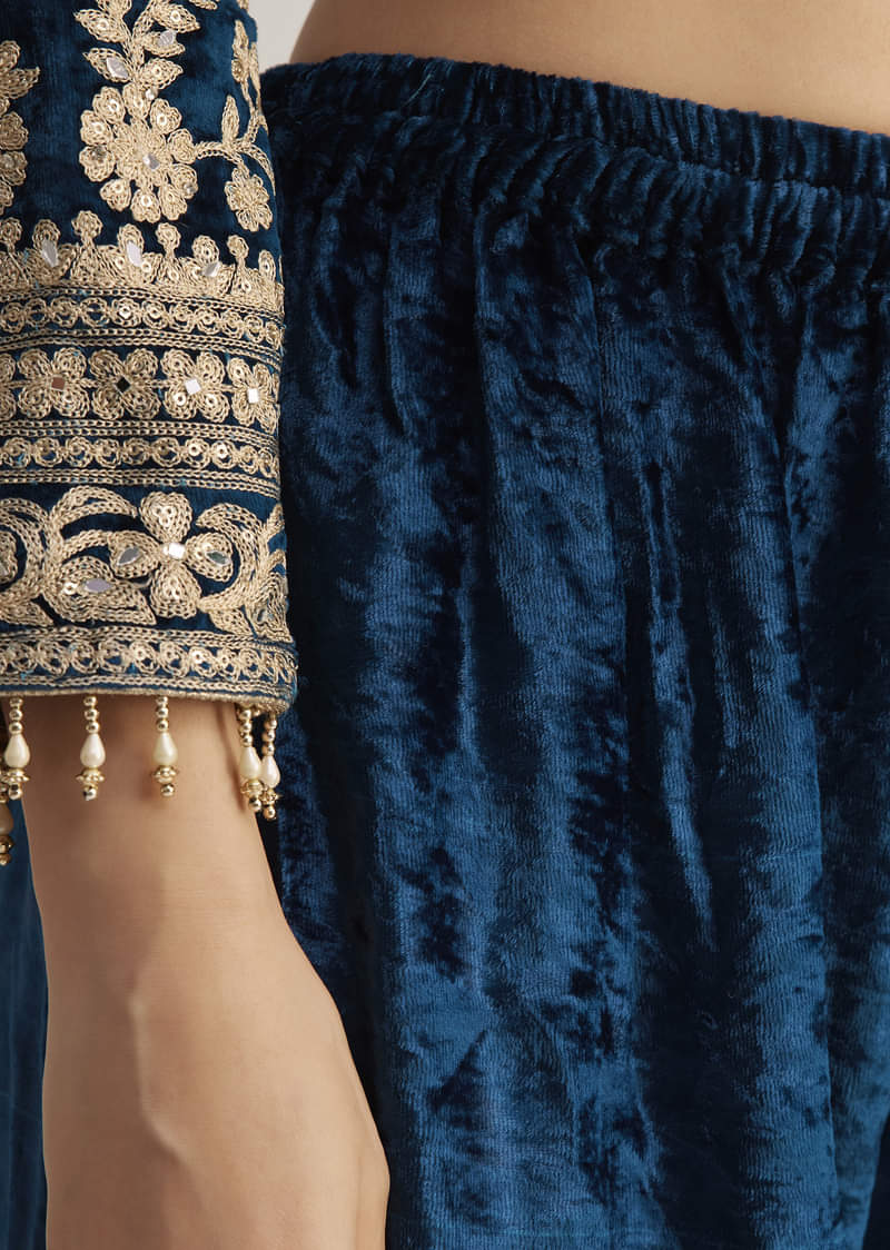 Teal Velvet Embroidered Palazzo Suit