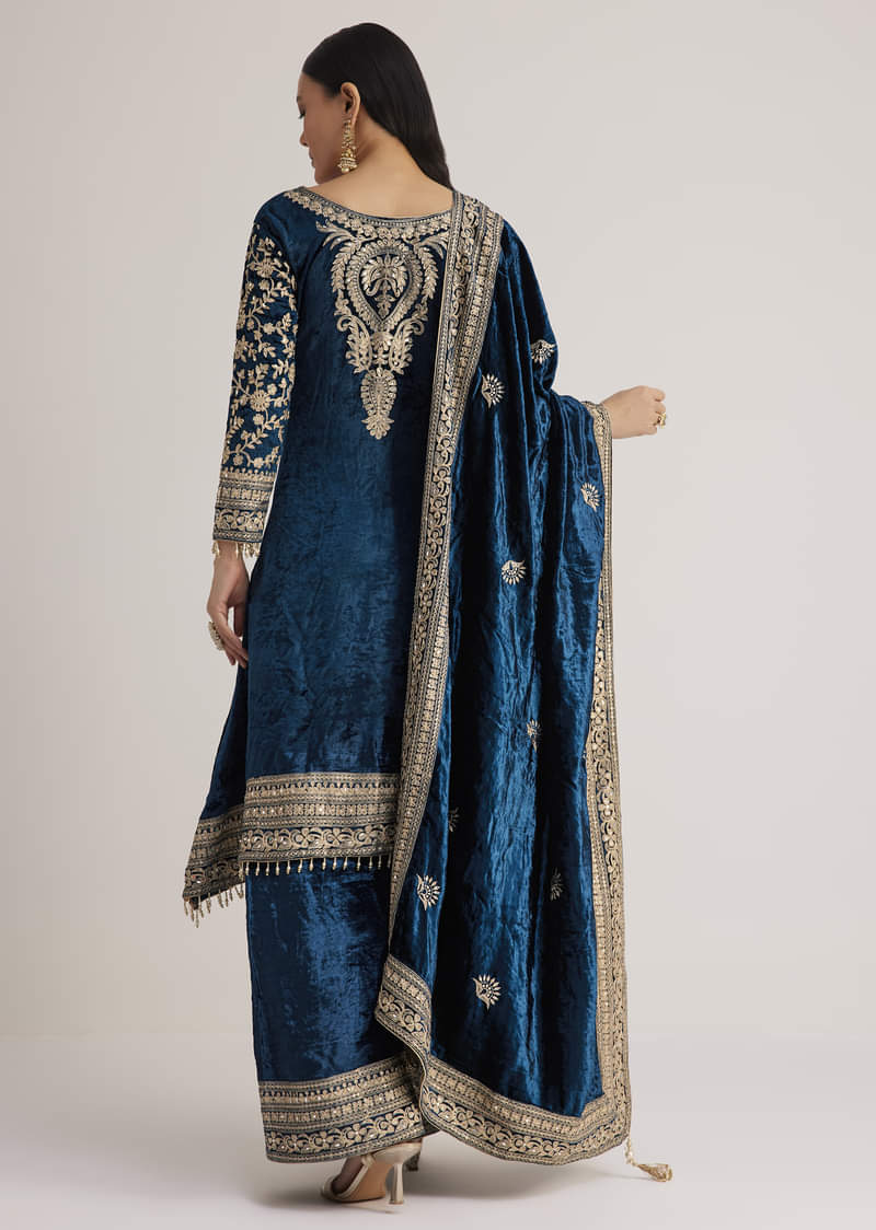 Teal Velvet Embroidered Palazzo Suit