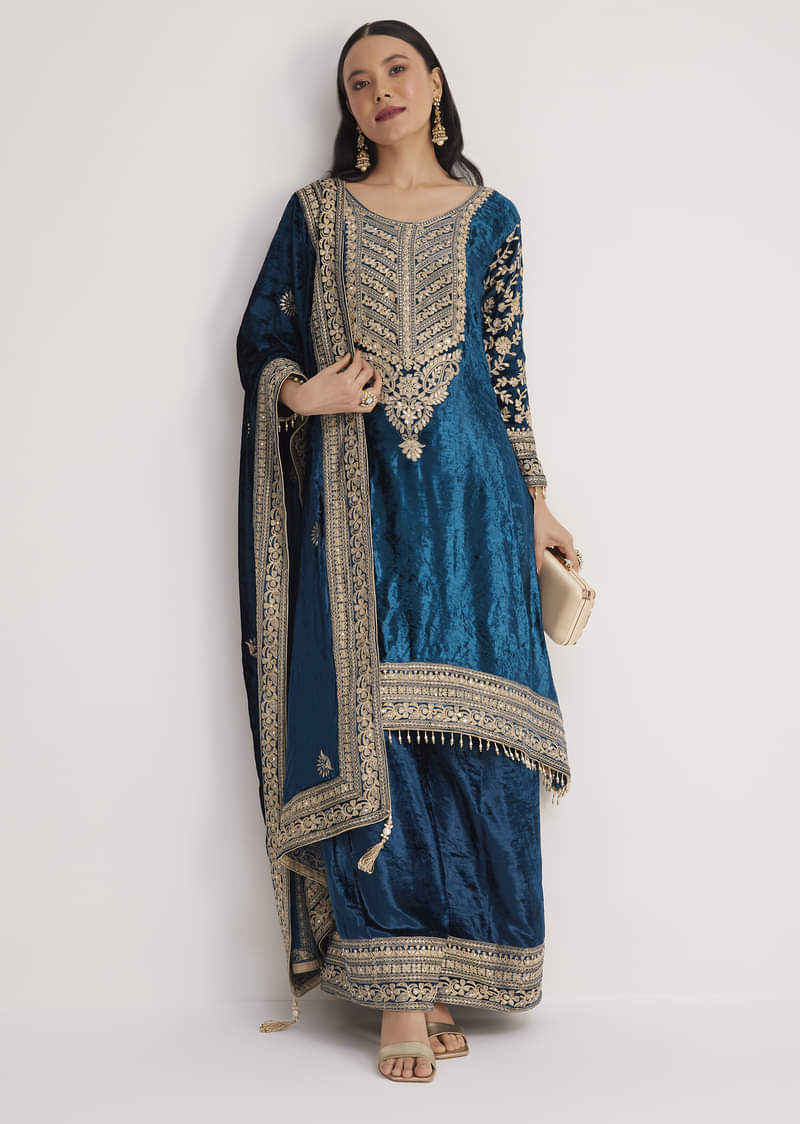 Teal Velvet Embroidered Palazzo Suit