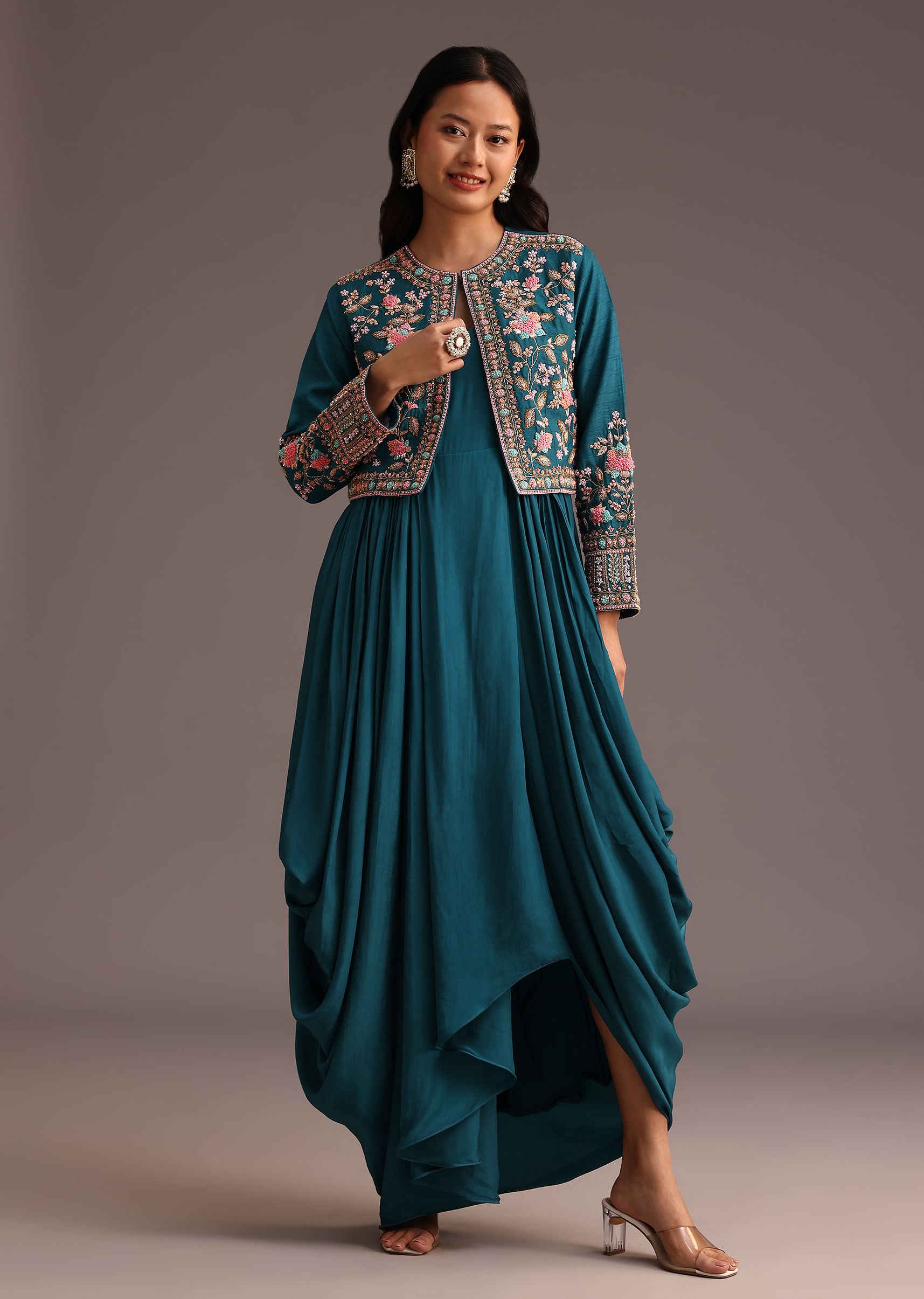 Buy Teal Zardosi Embroidered Dhoti Style Gown With Jacket KALKI Fashion India